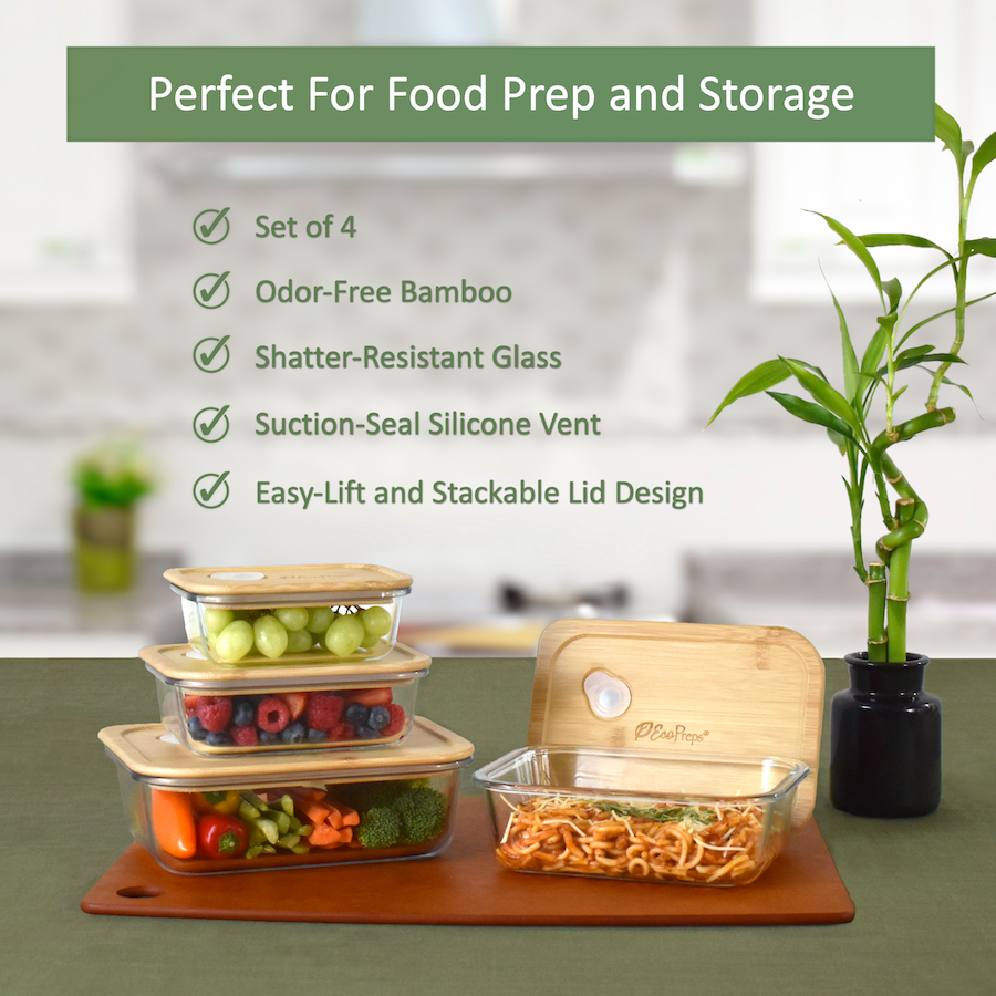 Glass Food Storage Containers Bamboo Lid Airtight Meal Prep Lunch